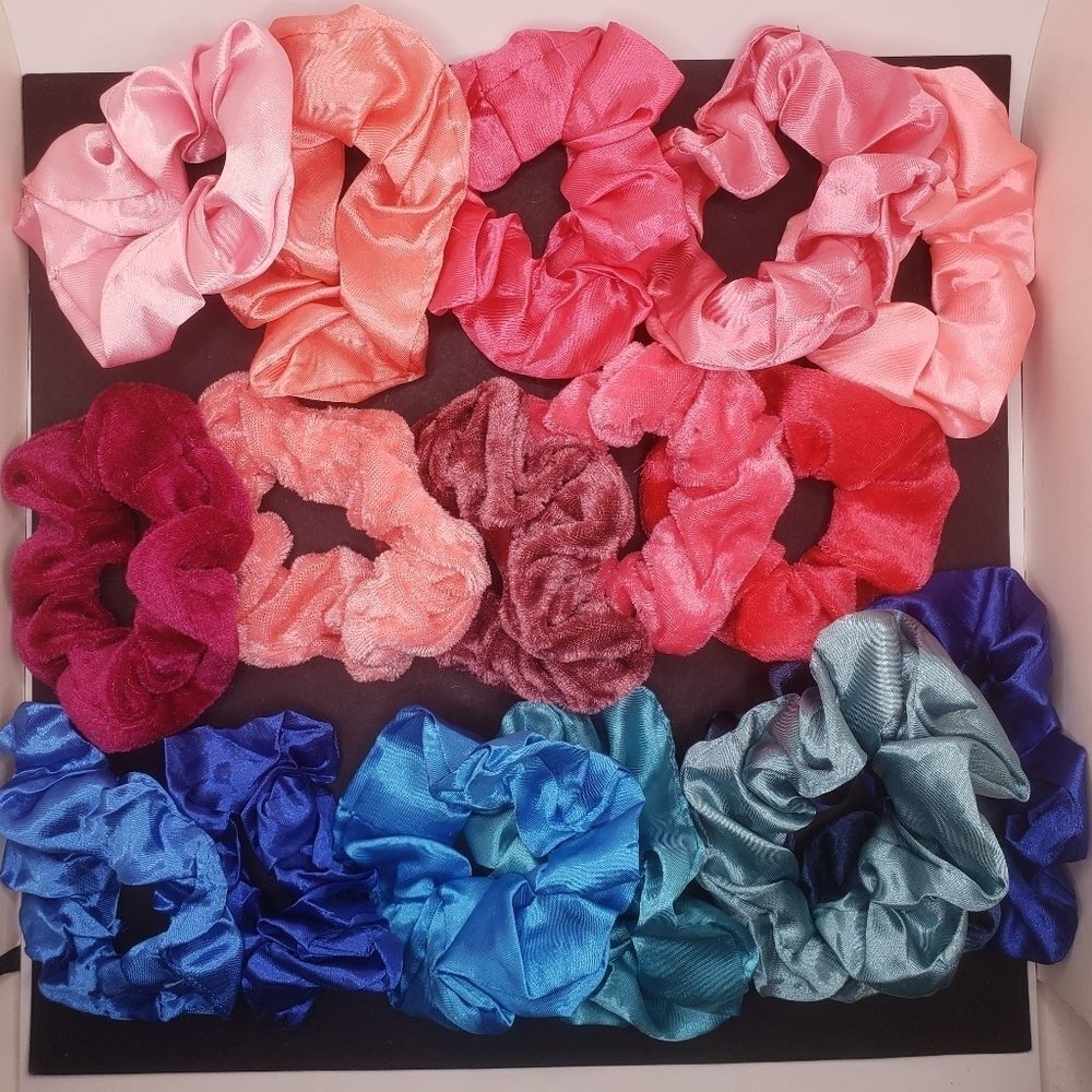 Pink blue velvet and satin scrunchie bundle